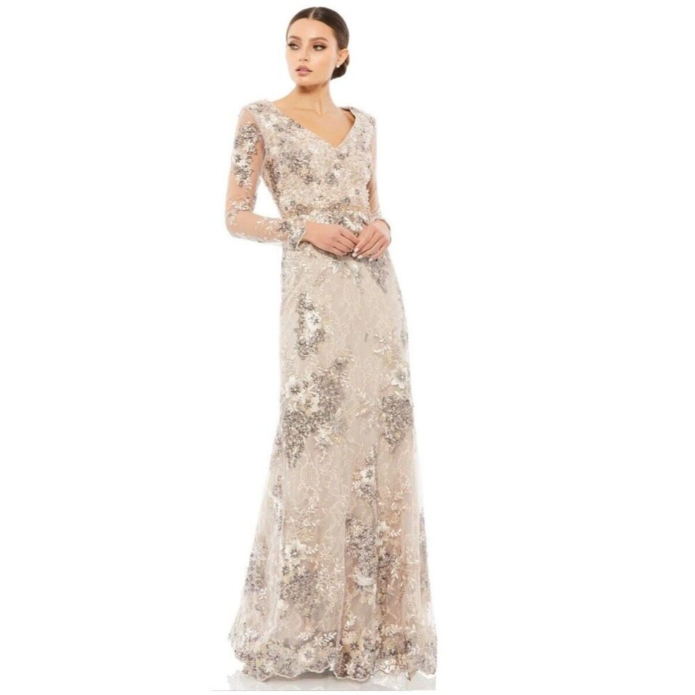 Mac Duggal Champagne Sequin Embellished Long Sleeve Maxi Gown